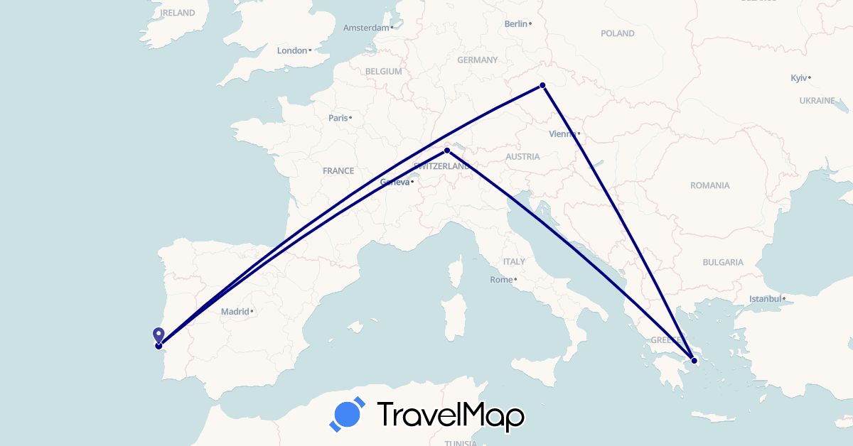 TravelMap itinerary: driving in Switzerland, Czech Republic, Greece, Portugal (Europe)